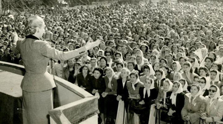 Peron speaking to a crowd of women